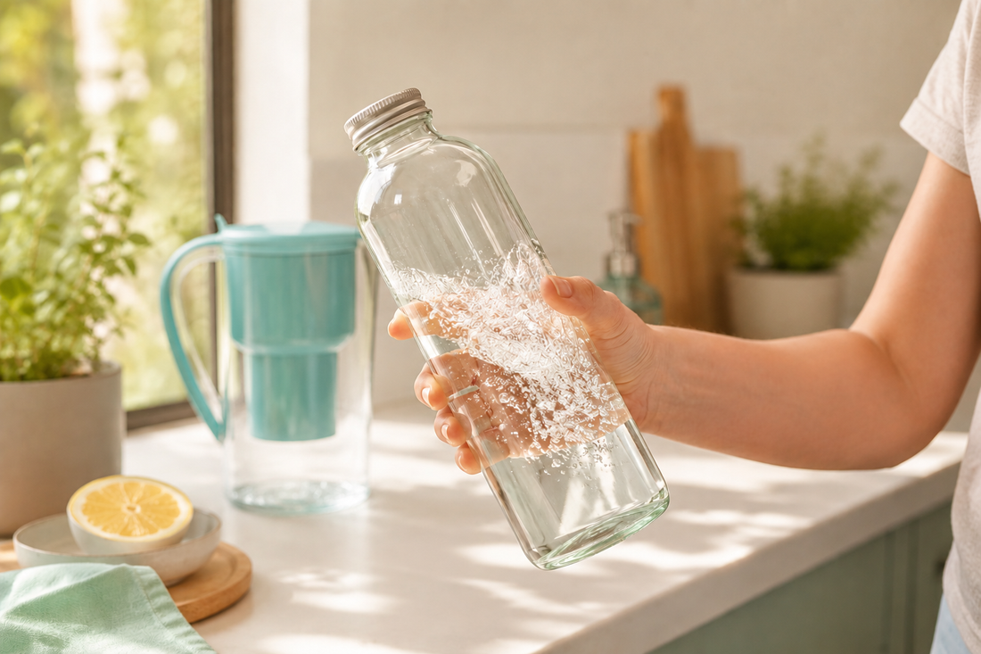 Botella transparente con agua y jabón agitándose sobre un mesón de cocina, prueba casera para detectar agua dura