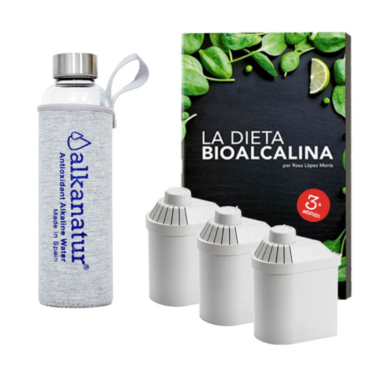 Pack Filtros Alkanatur Drops (duración 1200 litros) + Botella de cristal borosilicato + Libro: La dieta bioalcalina 3ra edición