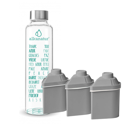 Pack Filtros Alkanatur Drops (duración 1200 litros) + Botella de cristal borosilicato