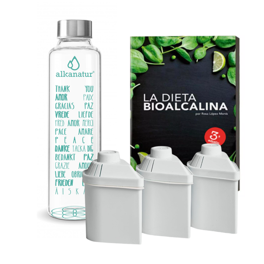 Pack Filtros Alkanatur Drops (duración 1200 litros) + Botella de cristal borosilicato + Libro: La dieta bioalcalina 3ra edición