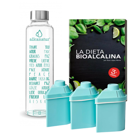 Pack Filtros Alkanatur Drops (duración 1200 litros) + Botella de cristal borosilicato + Libro: La dieta bioalcalina 3ra edición